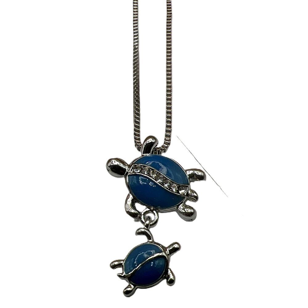 NEW Blue Enamel Crystal Inlay Turtle Design Pendant Necklace - Picture 8 of 10